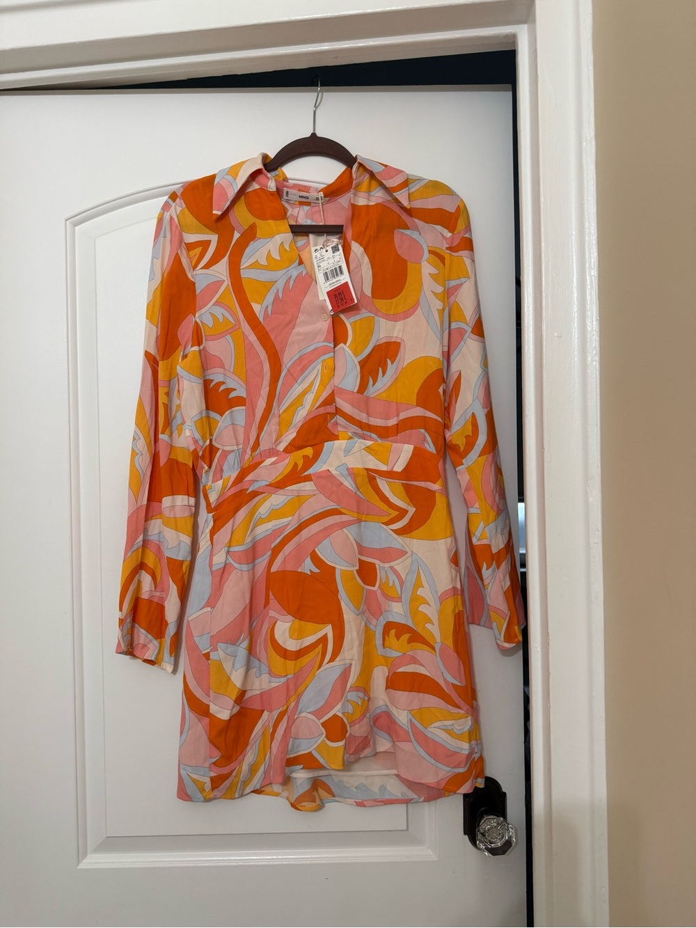 Mango Orange, Pink & Yellow Printed Long Sleeve Wrap Dress